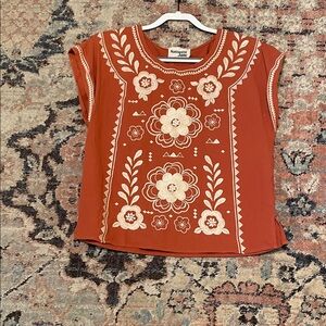Savanna Jane Rust Short Sleeve Embroidered Floral Blouse